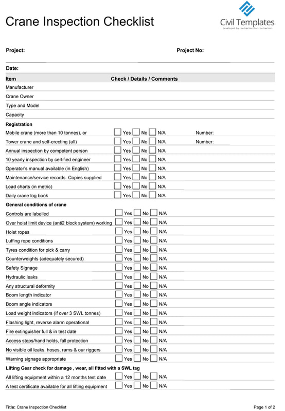 Printable Crane Inspection Checklist