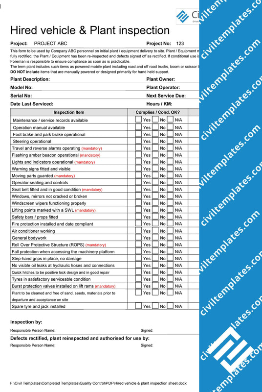 Hired vehicle & plant inspection sheet